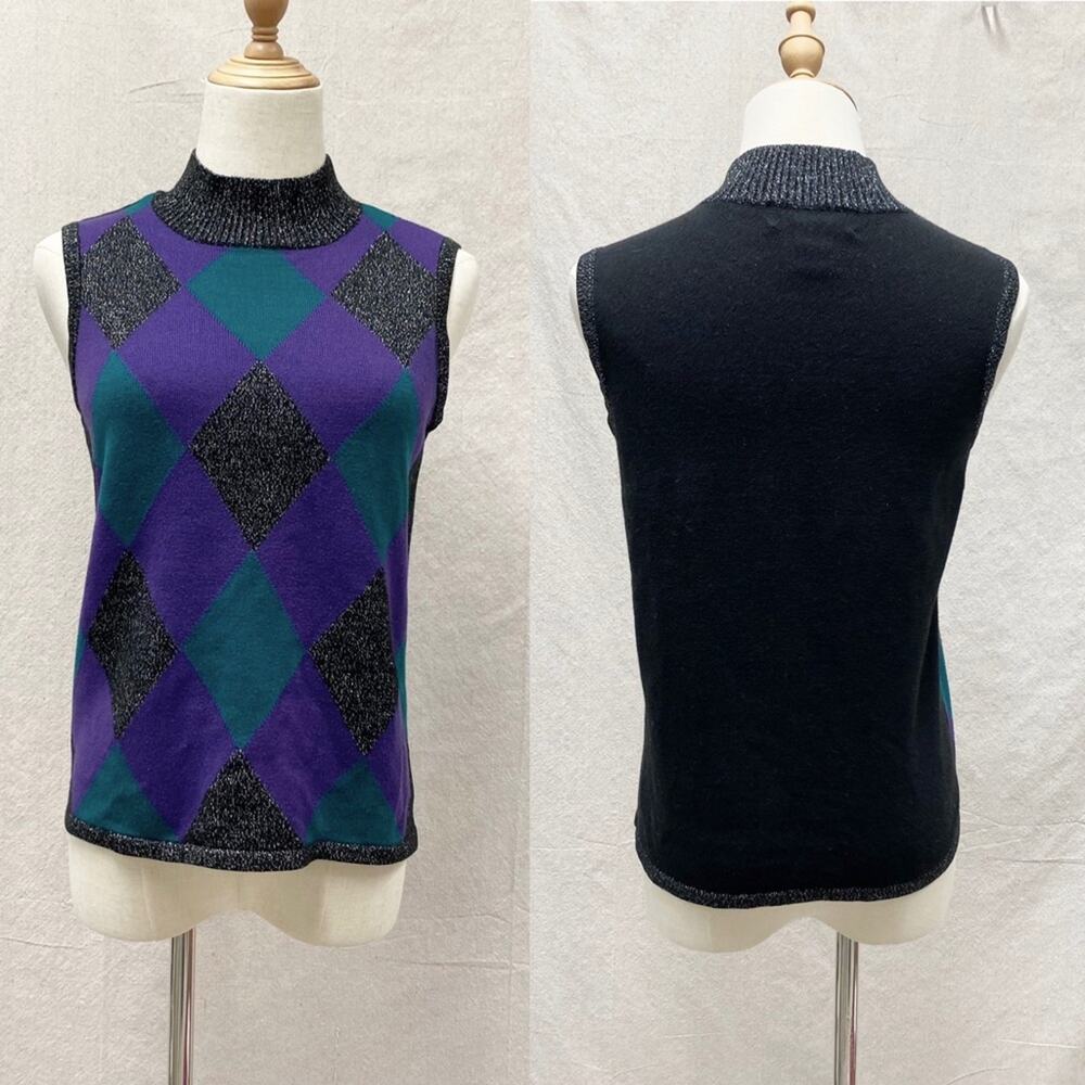 Vintage 90s argyle metallic accent sleeveless mock neck sweater‎ Size Small